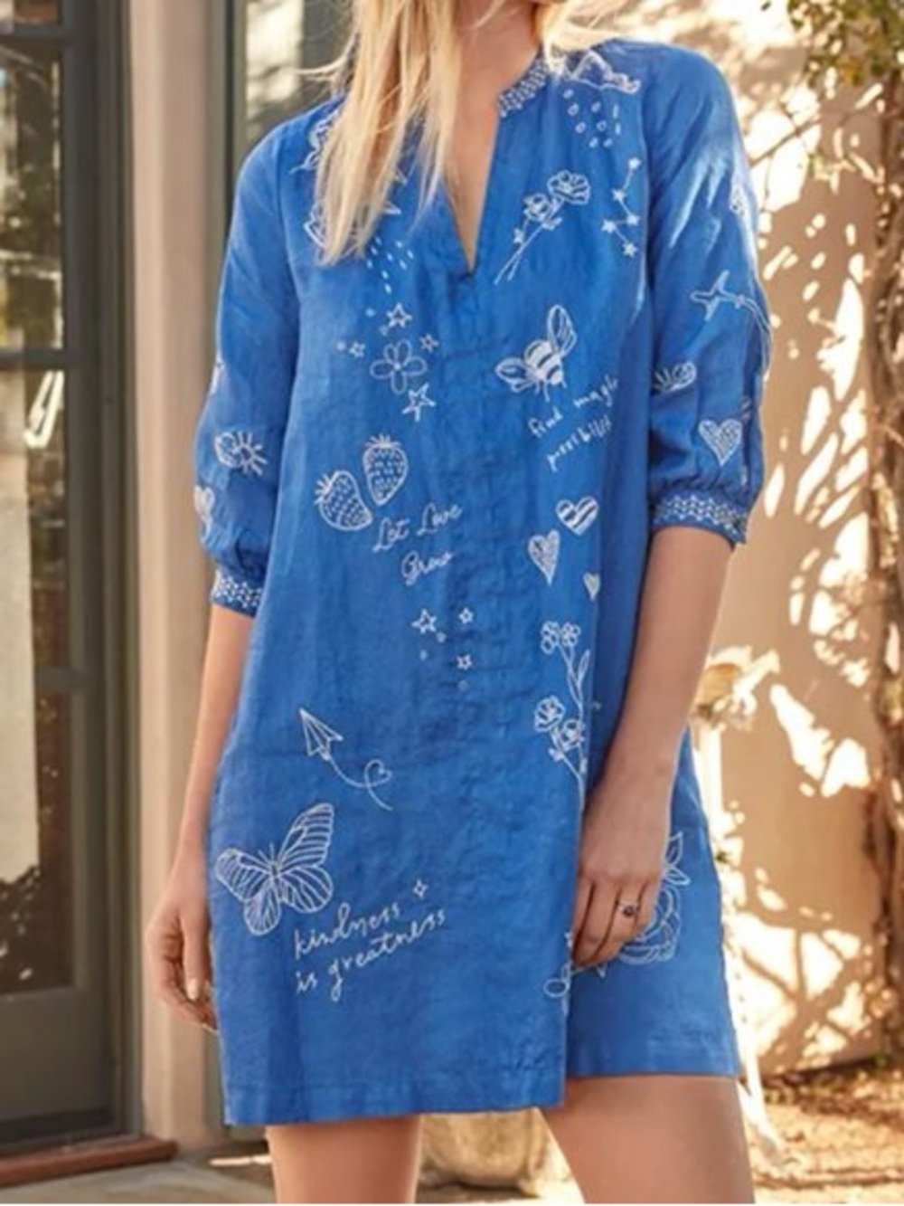 Johnny Was Sovanna Blue Embroidered V-Neck 100% Linen Dress XL